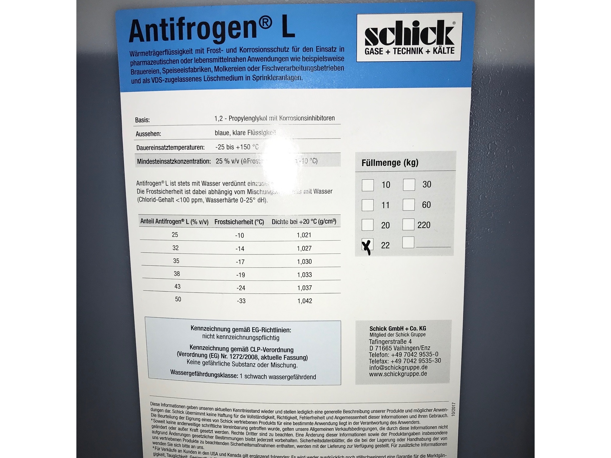 Antifrogen L (Kühlmittelkonzentrat), 20 kg Gebinde, Preis pro kg